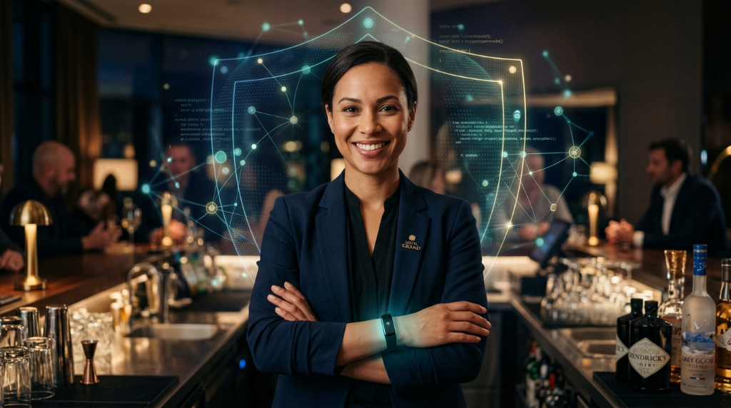 Hotel bartender at a premium venue — confident service worker
