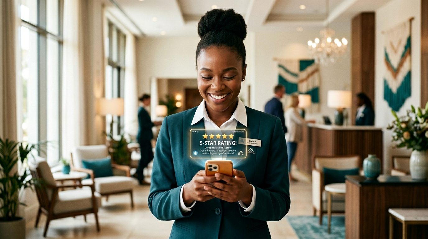Hotel concierge receiving a 5-star digital employee recognition rating on her smartphone in a luxury hotel lobby