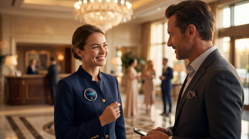 Hotel concierge with a Tipmo by GratifID NFC badge on her lapel receiving a cashless tip from a guest in a luxury hotel lobby. No tax on tips hotels